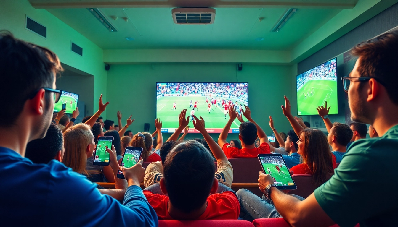 Excited fans enjoying a live football match with lương sơn tv on different devices, showcasing a vibrant sports atmosphere.