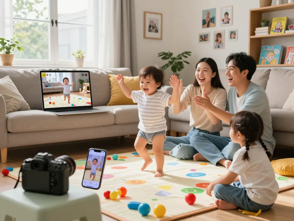 Family creating cute baby dance video, showcasing joyful moments and AI technology.