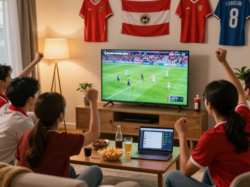 Friends enjoying a live football match on LuongSon TV in a lively living room setting.