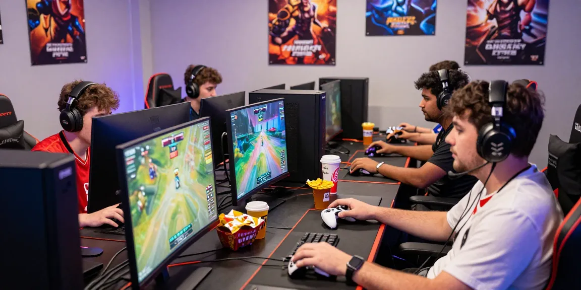 Gamers competing at a tournament featuring https://proplay88.uk.com/ with vibrant graphics and modern gaming equipment.